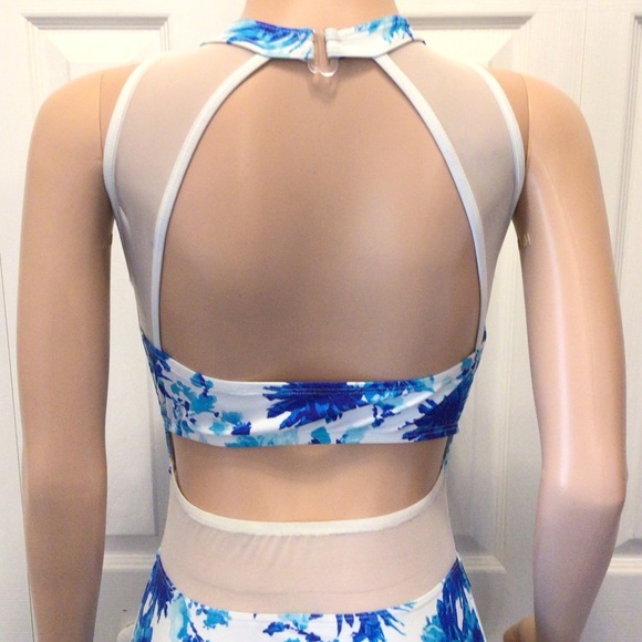 Kandi Kouture Blue Floral Sleeveless Sheer Panel Halter Dance Leotard Size TM - Picture 5 of 10